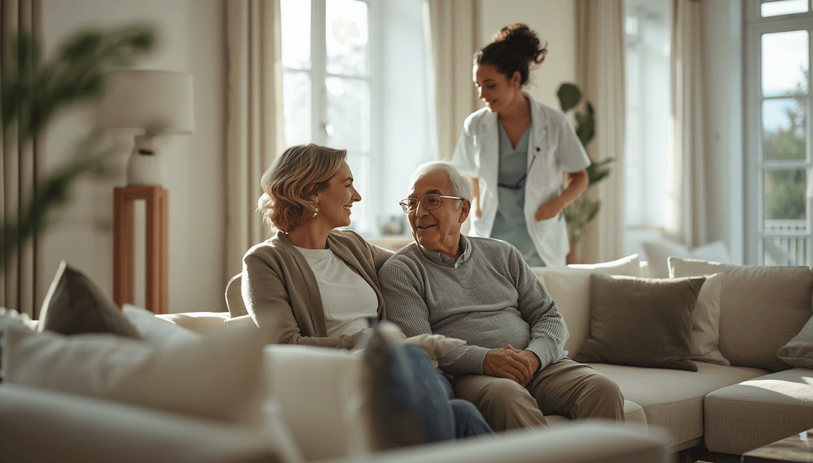 Familie und Senior bei der Betreuung zu Hause