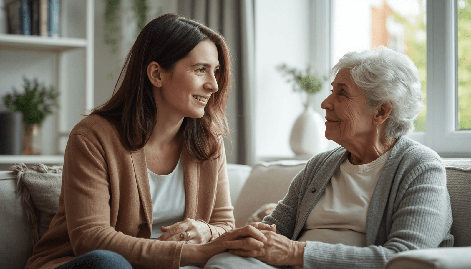 Opiekunka rozmawia z seniorką w domu